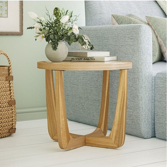 Beautiful; Drew Barrymore Rattan & Glass Side Table with Solid Wood Frame, Warm Honey Finish; Category:Accent & End Tables; Image:1